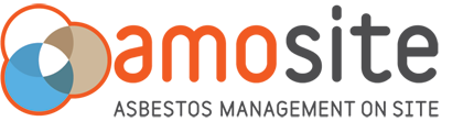 Amosite asbestos management on site logo in light blue orange and black