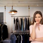 Woman entrepreneur clothing shop owner stands before clothing racks inside a store