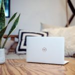White Dell laptop stands open on a pine desk alongside potplant in living room