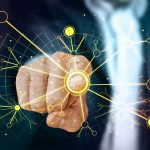 Man's hand points to invisible screen showing interconnected dots to represent machine learning