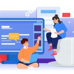 7 myths of custom software development. Vector of man and woman coding and discussing software.