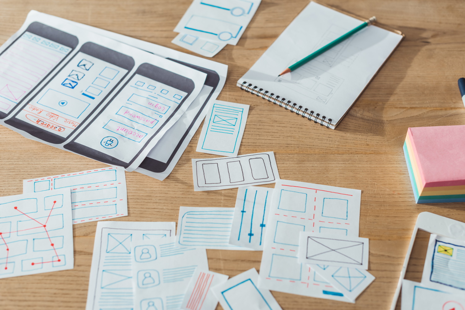 BSPOKE Software - Photo of paper prototypes for a custom software solution, illustrating app prototyping.