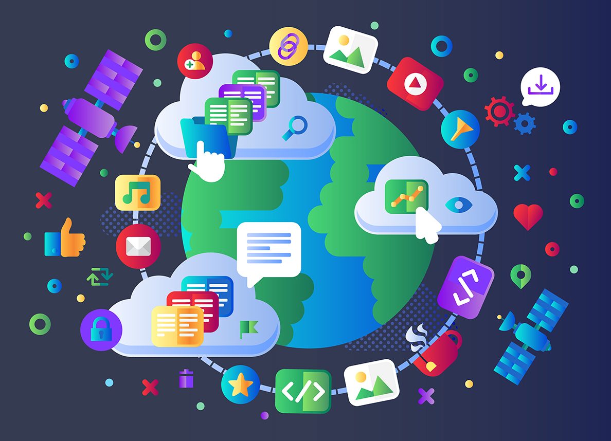 BSPOKE software - graphic showing satellites, earth and clouds to represent cloud native architecture for businesses and custom software